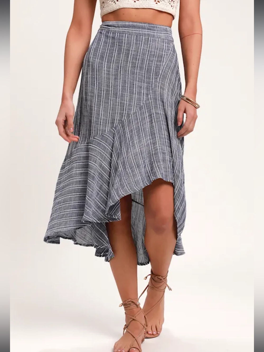 Lulus By the Bay Washed Blue and White Striped Ruffled Midi Skirt